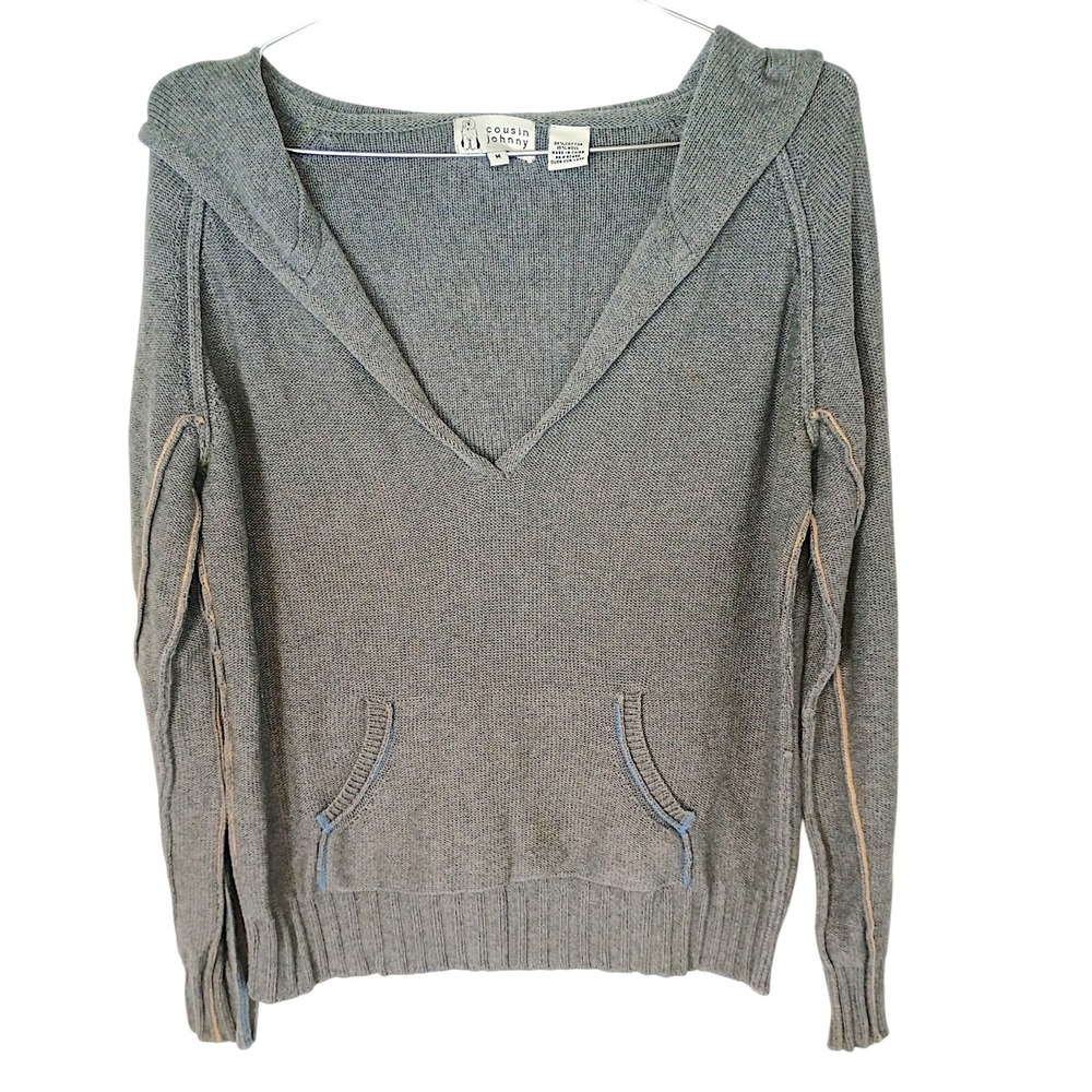 Cousin Johnny Gray Cotton Wool Blend V-Neck Hooded Sweater Exposed Seams Medium